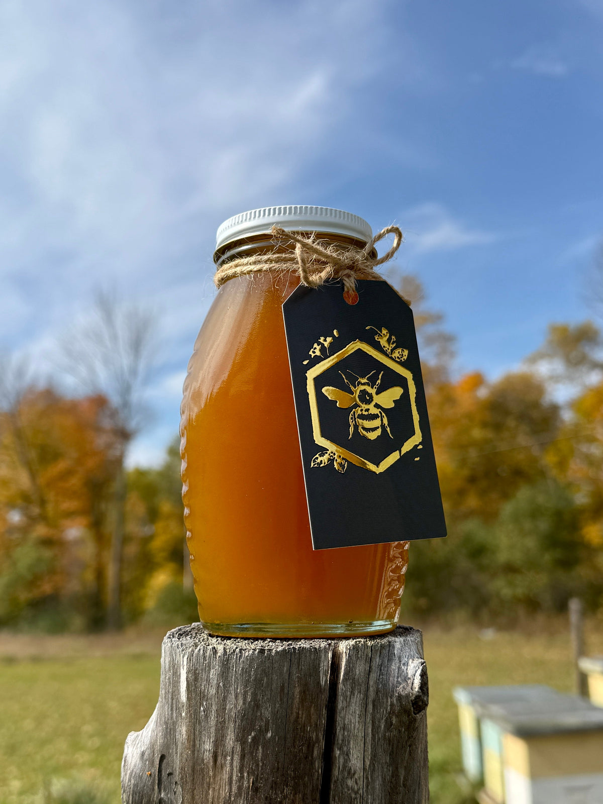 A glass jar filled with amber honey sits on a weathered wooden post outdoors, with a green hanging tag featuring a gold bee logo. Bee hives and trees with autumn foliage are blurred in the background under a blue sky.