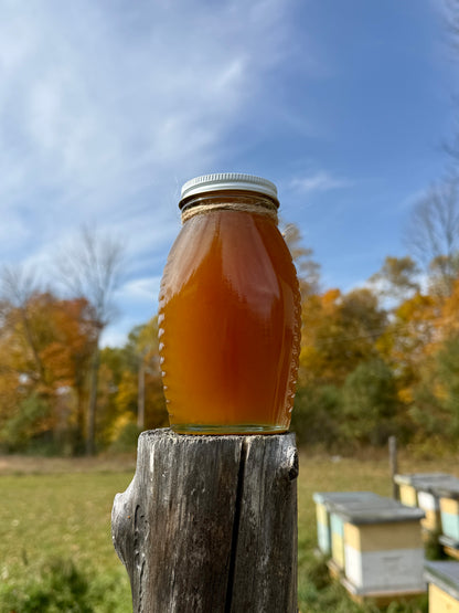 A glass jar filled with amber honey sits on a weathered wooden post outdoors, with a blue sky, trees, and beehives blurred in the background.